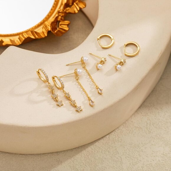 Dainty 14K Gold Plated 4 pearl chain set-GD Hoops Trendy Earring Set for Women - Picture 7 of 7